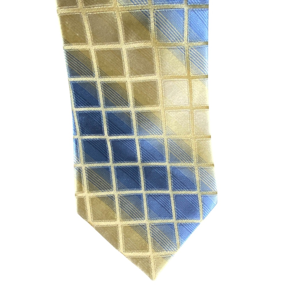 Kenneth Cole Reaction Mens Silk Tie Blue Gold Plaid Grid Geometric Necktie 58x4